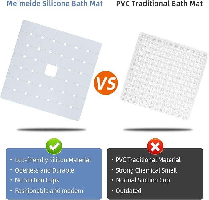 Shower Mat Non Slip Silicone Soft Odorless Bathtub Mat Non Slip No Suction Cups for Refinished,Reglazed and Textured Bath Tub Mat 24 X 24 Inch White