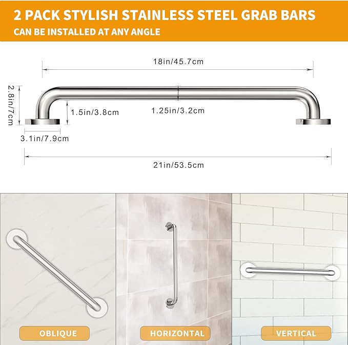 18 Inch Shower Grab Bar 2 Pack, 18" L x 1.25" D Brushed Nickel All-Welded Stainless Steel, ADA Safety Shower Handle for Bathroom,Stairway,Anti-Slip Grab Bars for Elderly,Handicap,Pregnant