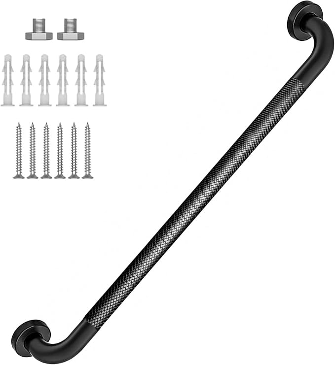 24 Inch Shower Grab Bar 1.25" Dia, Black Anti Slip Bathroom Grab Bar, 304 Stainless Steel Knurled Handicap Grab Bars, Safety Support Handrail, Assist Bath Shower Handle for Elderly Injury Senior