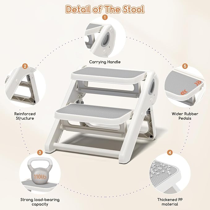 MoreFeel Foldable Toddler Step Stool for Bathroom Sink - 2-Step Kids Stool for Potty Training, Kitchen Counter & Bedroom, Sturdy Non-Slip Child Safety Stool Helper