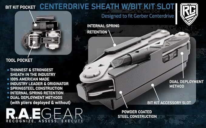 RAE Gear - Center-Drive Sheath Belt Clip Holster Compatible with Gerber Centerdrive Multitool (Tool & BITS NOT Included) 2.25" Steel Belt Clip with BIT KIT Attachment