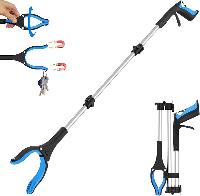 43" Long Grabber Reacher Tool, Foldable Grabber for Seniors with Magnetic Tip, 360° Rotating Anti-Slip Claw, Extension Reacher Pickup Tool Long Arm Trash Picker for Elderly Recovery