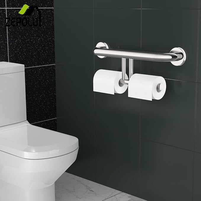 Polished Chrome Grab Bar for Bathroom 17 Inch, Zepolu Stainless Steel 2-in-1 Safety Handrail w/Double Toilet Paper Holder, Wall Mounted Balanced Support Bar Assist Handle for Senior Elderly Handicap