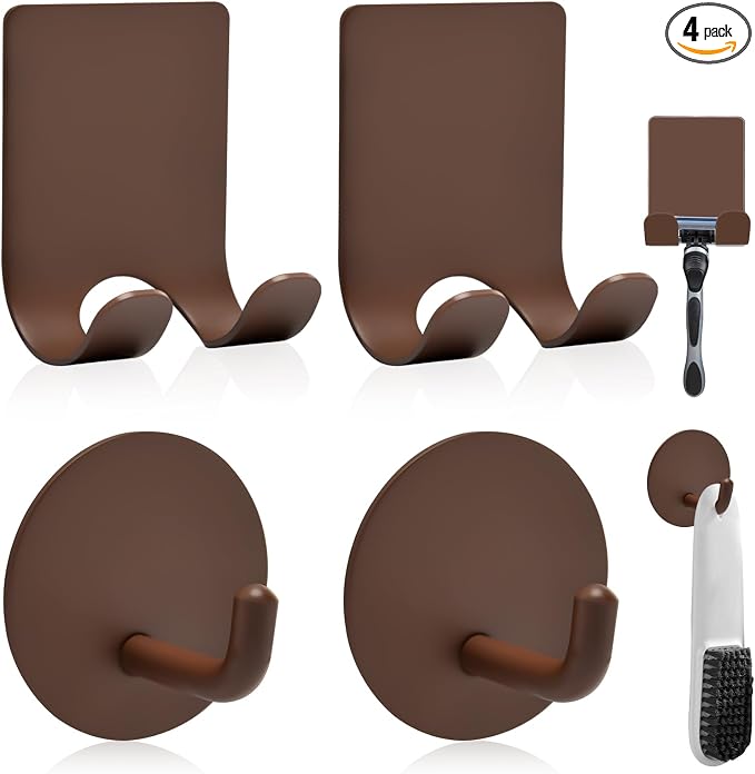 Diesisa Razor Holder for Shower + Adhesive Wall Hooks, Premium 304 Stainless Steel Shower Razor Holder with Heavy Duty Waterproof Sticky Hooks for Hanging Towels, Coat, hat (2+2 Pack)-Brown
