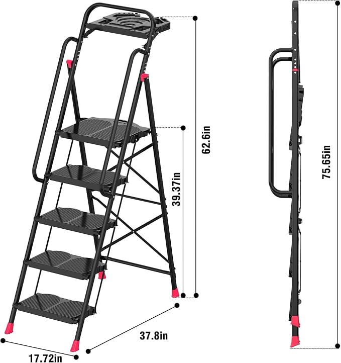 5 Step Foldable Step Ladder Stool with Roomy Tool Tray and Secure Handrail, Foldable Platform Ladder 5 Step Folding Stepstools with Wide Pedals and 800lbs Weight Capacity for Adults, Home, Kitchen