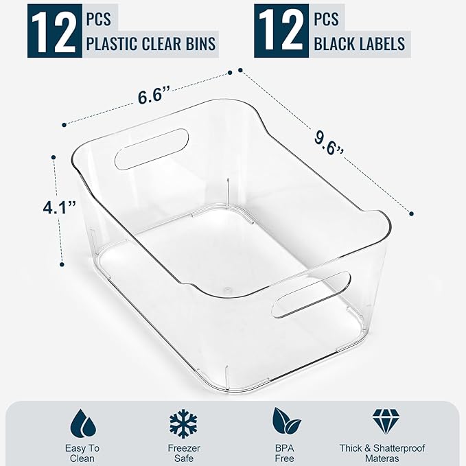 12 PACK Multiuse Clear Plastic Storage Bins for Organizing w/ Labels - Home, Kitchen, Bathroom, Office, Pantry Cabinet Shelf Organizer Bins - SOHO Collection, RV, Fridge Organization Containers