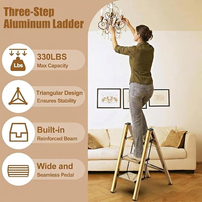 hismocal Foldable 3 Step Stool Ladder for Closet/Kitchen - Aluminium Gold Step Ladder, 330lbs Lightweight with Anti-Slip Wide Pedal, Portable for Kids/Adults
