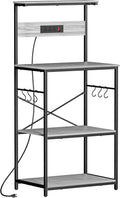 VUSIGN Kitchen Bakers Rack with Power Outlet, 4 Tiers Microwave Stand with Storage, 23.6 Inch Coffee Bar Station with 6 S Hooks, Adjustable Shelf Rack for Pots/Pans/Spices, Gray