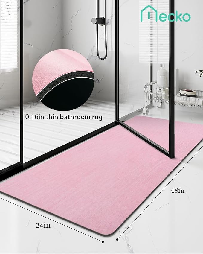 Mecko Bath Mat Rug, Ultra Thin Bathroom Rug -Rubber Non-Slip Quick Dry Absorbent Bath Mat Fit Under Door, Faux Suede Surface Bathroom Floor Mats for Bath, Shower, or Sink (Pink,24"x48")