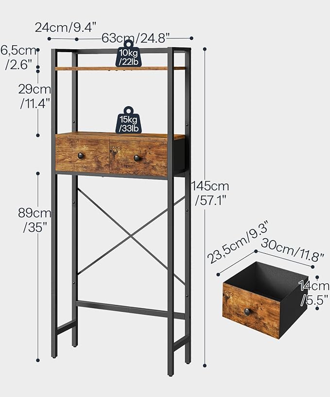 HOOBRO Over The Toilet Storage Rack with 2 Drawers, 3-Tier Bathroom Organizer Shelf Over Toilet, Freestanding Space Saver Bathroom Toilet Shelves Above Toilet for Room, Rustic Brown and Black BF47TS01