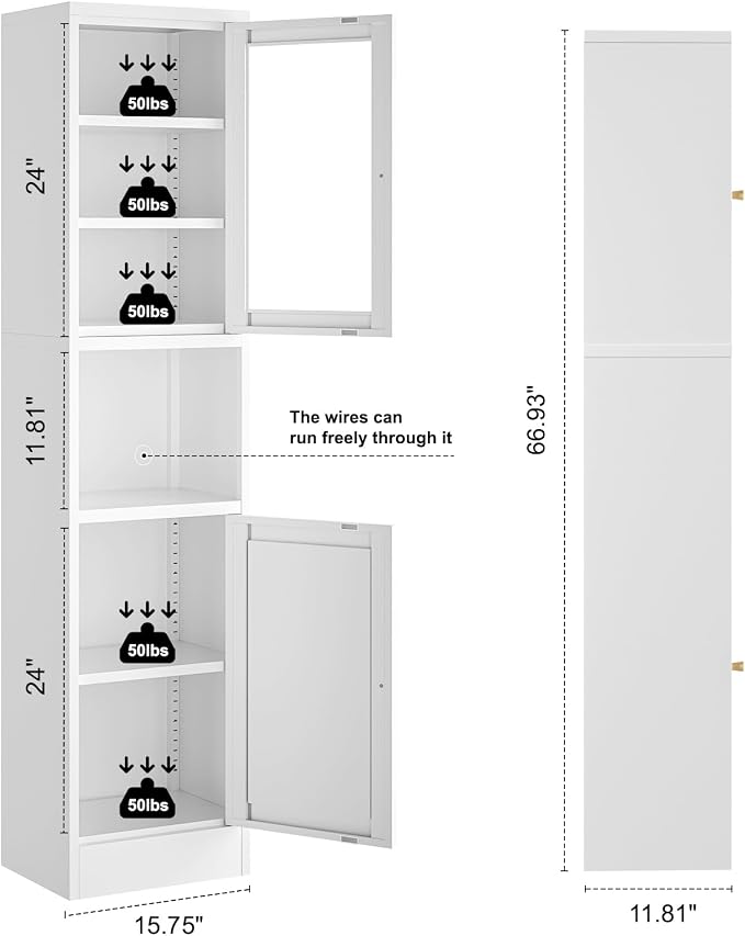 Bevivog Tall Bathroom Storage Cabinets, Slim Metal Cabinet with Open Shelf, Glass Display Door Freestanding Narrow Storage Organizers for Small Spaces, White Skinny Cabinets for Pantry, Living Room