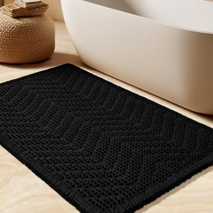 Upgrade Waffle Bath Mat, Boho Bathroom Rugs Absorbent Non Slip, Ultra Soft Bathroom Mat, Machine Washable Knit Bath Rugs with Herringbones for Bathroom,Bedroom, Kitchen, Shower, Tub,36"x24", Black