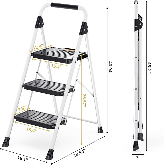 KINGRACK 3 Step Ladder, Folding Step Stool with Comfortable Handrail, Wide Anti-Slip Pedals & Safe-Lock Design, 800lbs Load Capacity, Sturdy Steel Portable Ladder, Perfect for Home and Kitchen, White