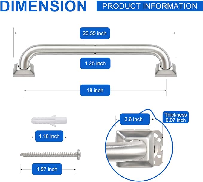 Bathroom Grab Bars Stainless Steel Handrail ADA Compliant 500lbs bathtubs and Showers Toilet Handle Safety for Handicap, Elderly, Disabled, Injury (18 inches)
