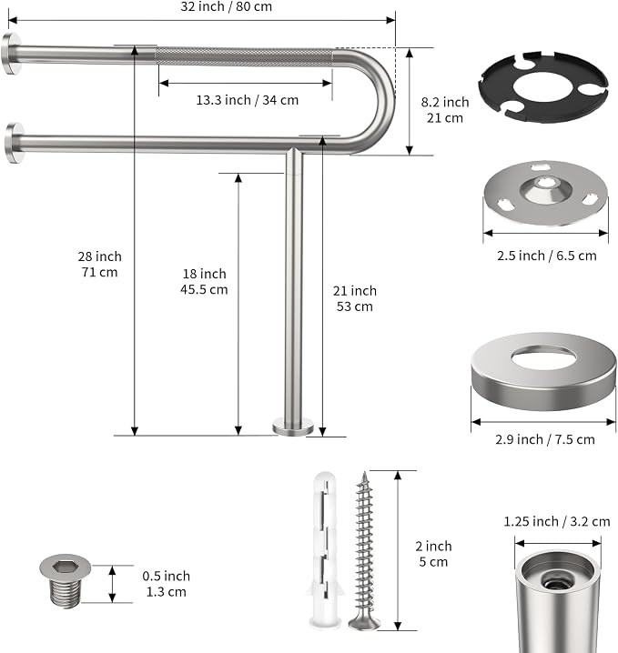 Toilet Support Rail 32 Inch, Munzong Anti-Slip Satin Brushed Nickel Handicap Grab Bar for Bathroom, Stainless Steel Knurled Safety handrails with Leg for Elderly Disabled Pregnant-1.25’Tube