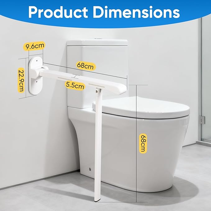 26.8 INCH Flip-Up Toilet Grab Bar with Support Leg, Wall-Mounted Safety Rail for Bathroom, Night Glow Strips on Both Sides, Folding Handrail for Elderly & Disabled