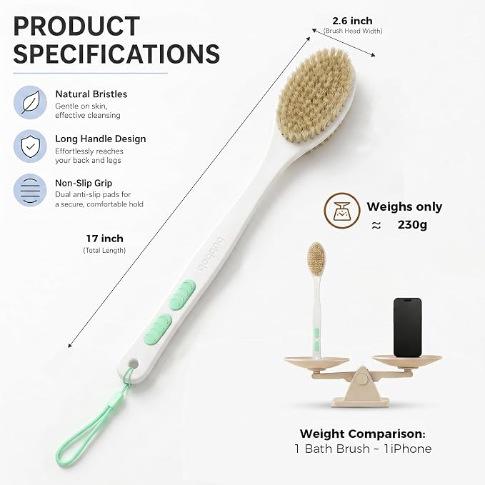 Back Scrubber for Shower with Long Handle,Green | Double Sided Bristles (Stiff & Soft), Anti-Slip Grip, Lightweight - Gift for Seniors, Includes Lanyard & Hook