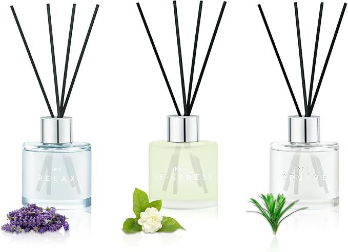 3 Pack Fragrance Reed Diffuser, 50ML Lavender Honey Jasmine White Tea Lemongrass Ginger Aromatherapy Diffuser Set with 12 Black Fiber Sticks,Air Freshener for Bedroom Bathroom Office