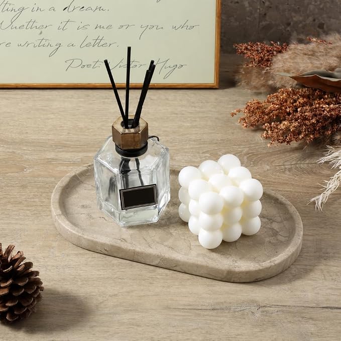 Koville Natural Silver Pearl Marble Decorative Tray, 10" x 5" Marble Vanity Tray for Bathroom Countertop Organizer Stone Trays, Catchall Tray Stone Plate for Perfume, Candles, Jewelry