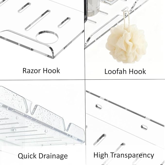 Acrylic Corner Shelves, Adhesive Shelf, Shower Caddy Organizer for Home Decor,Clear Shower Shelf,No Drilling Wall Mounted Bathroom Shelves (Clear 12 inch 2 set)
