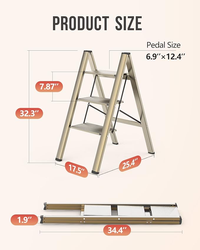 WOA WOA 3 Step Ladder, Foldable Step Stool, Aluminum Lightweight Ladder for Home Kitchen Closet, Anti-Slip Pedals, Ease of Folding, Portable, 300lbs Capacity - Gold