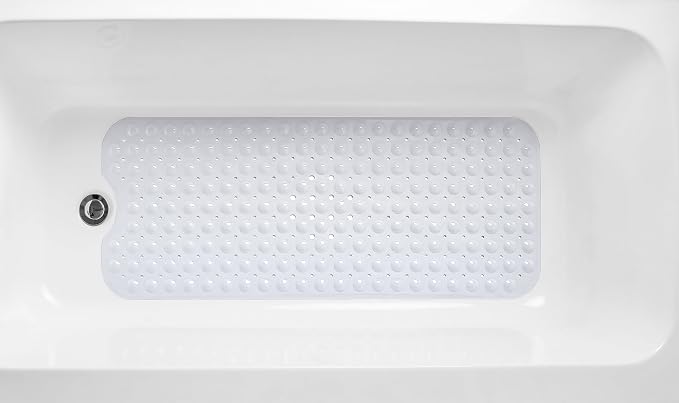 Extra-Long Non-Slip Bathtub & Shower Mat 39”x16” (Smooth/Non-Textured Tubs Only) Safe, Clean, Machine-Washable, Superior Grip&Drainage, Vinyl, Opaque White