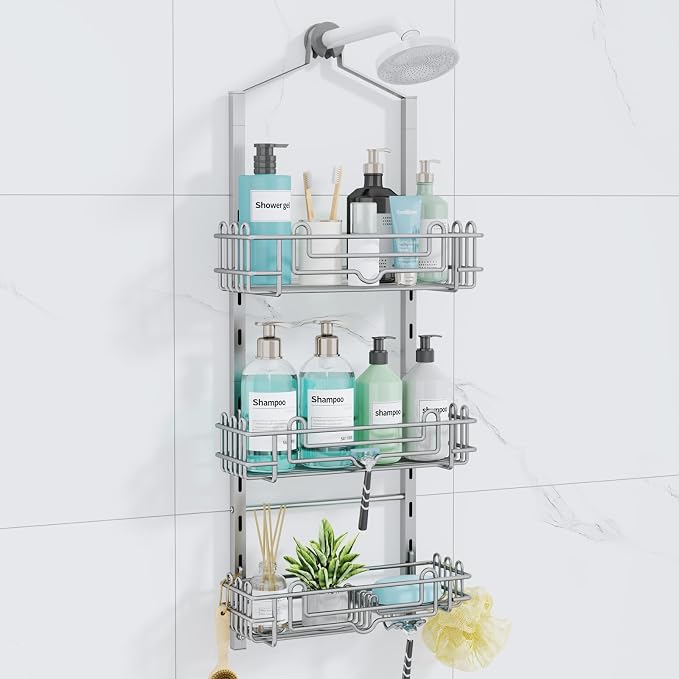 Consumest Shower Caddy Hanging – Rustproof Over Shower Head Hanger with Soap Holder and Hooks, Anti-Slip Shower Shelves for Storage, Bathroom Organizer for Apartment, Dorm, Silver
