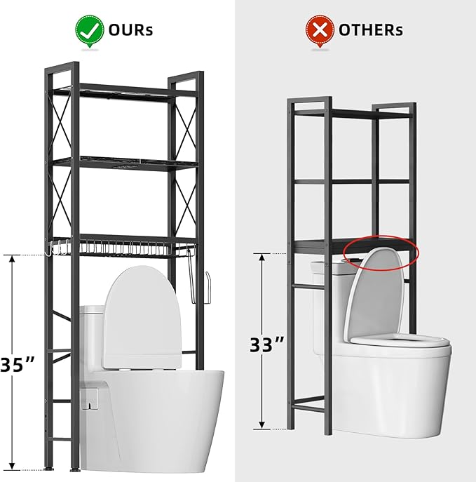 Kalrin Over The Toilet Storage with X Shape Side Guardrail, 3-Tier Over Toilet Storage Rack with Drain Basket, Freestanding Bathroom Organizer for Balcony Laundry, Pure Black