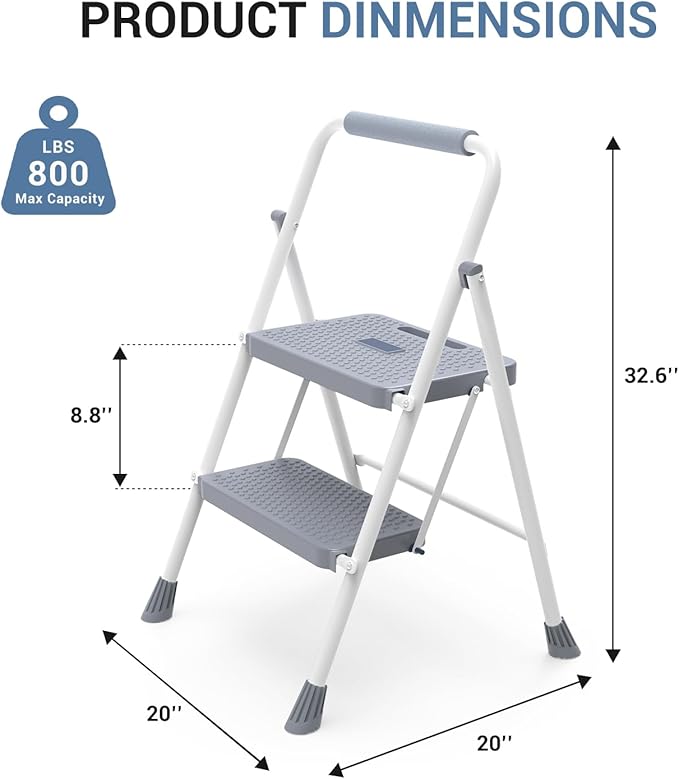 DUMOS 2 Step Ladder, Sturdy Step Stool with Anti-Slip Pedal & Comfortable Handrail, Portable Heavy Duty Step Stool for Kitchen, Garage & Outdoor Use, 800lbs, Grey
