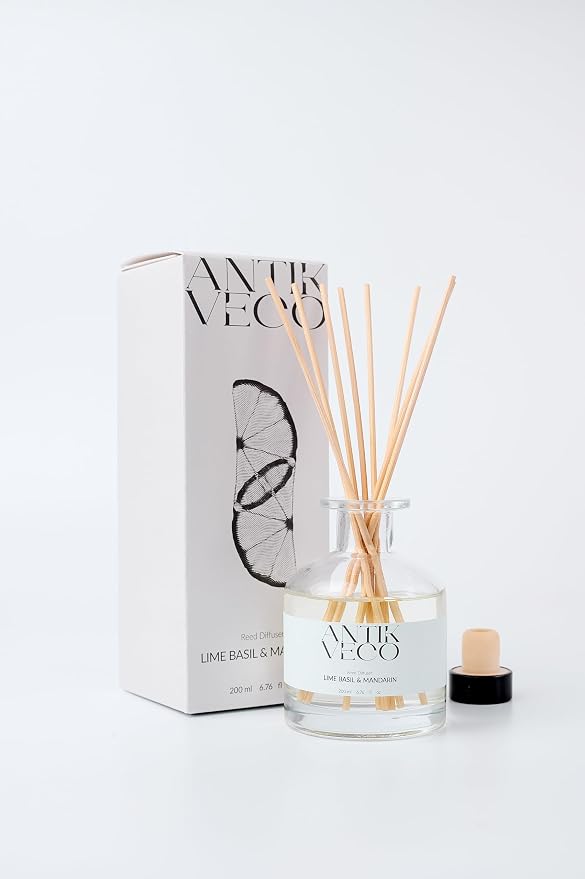 Lime Basil & Mandarin Reed Diffuser – Citrus & Herbal Diffuser for Home 6.7 fl oz – 8 Rattan Sticks – Premium Aromatherapy Oil – Elegant Glass Bottle – 90 Days Long Lasting Diffuser Set