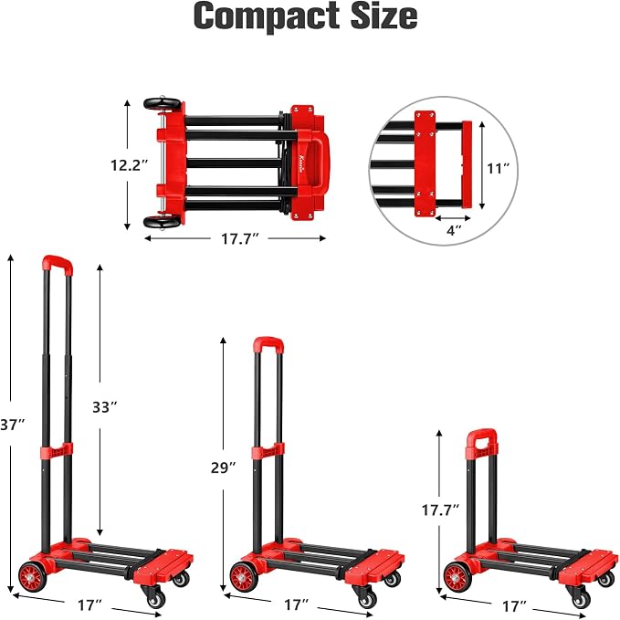 KEDSUM Folding Hand Truck, 290 lbs Dolly Cart with Wheels, Collapsible Hand Truck Dolly, Foladable Utility Cart Lightweight and Portable Luggage Cart for Airport Travel, Moving and Office Use, Red