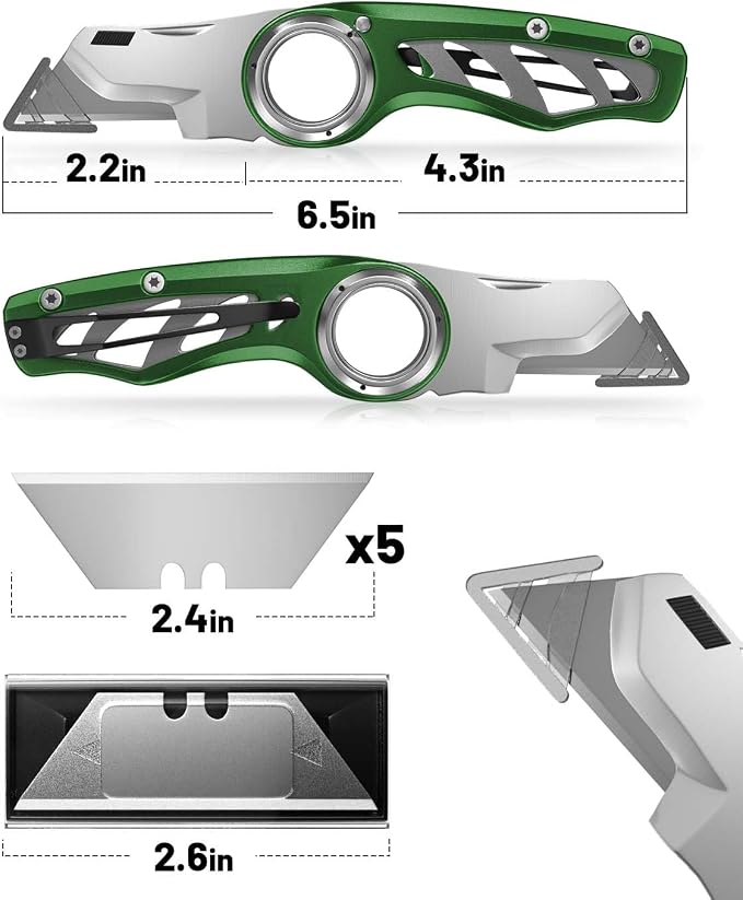 Folding Utility Knife Pocket Knife, Heavy-Duty Box Cutter with Anti Slip Finger Loop, Quick Change Blade Razor Knife, Box Cutters for Home, Office, Warehouse, Durable Razor Knife, Box Knife (Green)