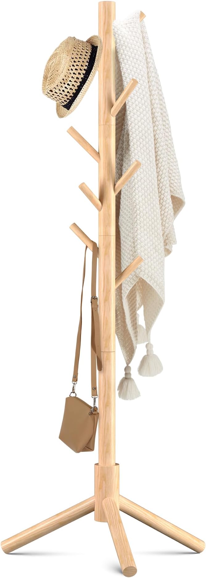 Haddockway Wooden Coat Rack Stand with 8 Hooks New Zealand Pine 3 Adjustable Coat Standing Tree Easy Assembly for Coats, Hats, Scarves and Handbags for Entryway, Hallway, Bedroom, Office