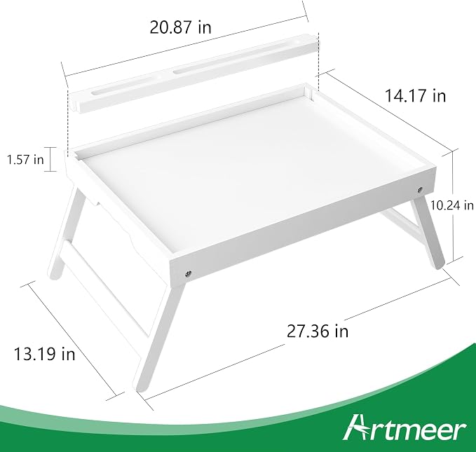 Artmeer Bed Tray Table with Folding Legs, Bamboo Breakfast Food Tray with Media Slot, Use As Platter, Laptop Desk, Snack, TV Tray Kitchen Serving Tray (White Extra-Large Size)