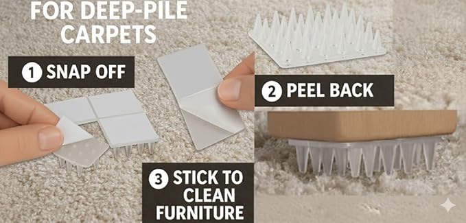 SoftTouch 4" Square Adhesive Anti-Dent Carpet Protectors with 5/8" Spiked Bottom, Self-Stick Spiked Furniture Pads for Tables, Beds, Sofas, Chairs, Set of 2, Clear