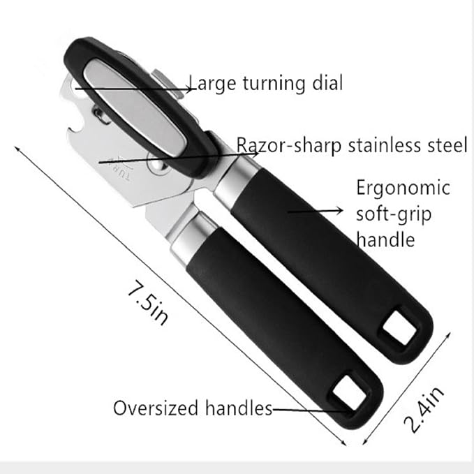Bestac Multifunction Can and Bottle Opener for Kitchen and Home Use, Stainless Steel Smooth Edge Manual Can Opener and Bottle Openers, Soft-Grip Handles (Black)