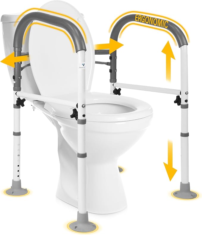 Vaunn Medical Adjustable Toilet Safety Rail for Seniors, Foldable Toilet Safety Frame for Elderly Adults, Bathroom Grab Bar Handle, Toilet Handle for Elderly & Disabled, Free-Standing (Gray)