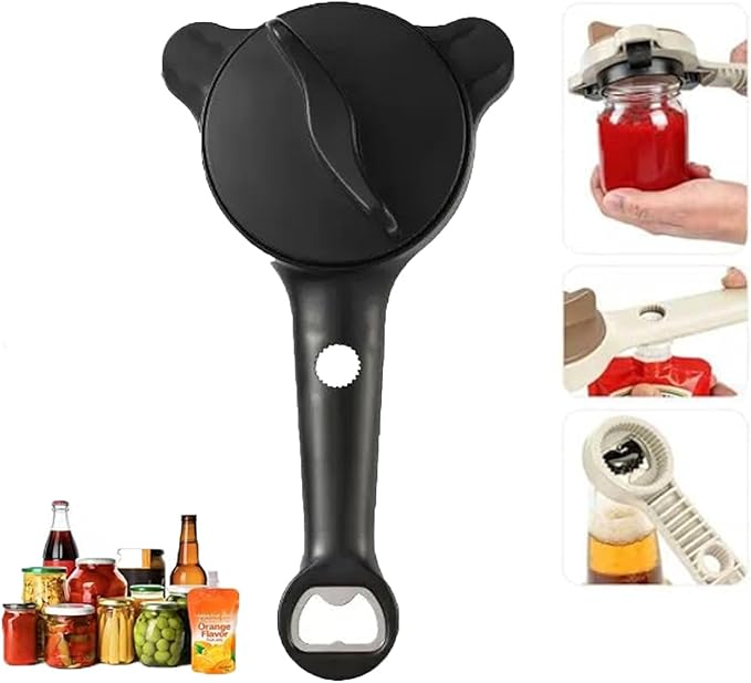 4-in-1 Jar Opener for Seniors, Easy Grip Adjustable Lid Opener for Weak Hands, Multi Function Bottle & Jar Opener, Kitchen Tool for Opening Tight Lids and Caps (Black)