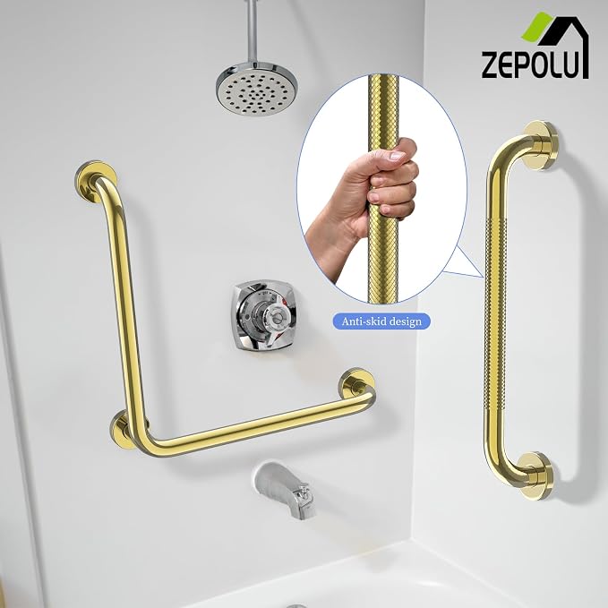 Polished Gold L-Shaped Grab Bar 16x16 Inch + Knurled Shower Grab Rail 20 Inch, Zepolu Stainless Steel Angled Toilet Safety Bar, Bathroom Mobility Aid Handrail, Balance Support Assist Bar for Senior