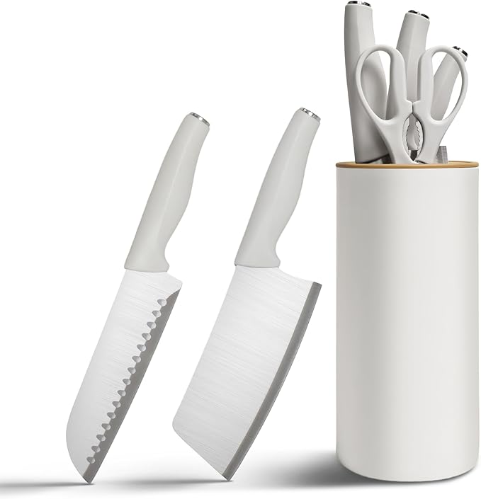 Small Knife Block Set, Modern Kitchen Knife Scissors with Universal Round Holder, Home Apartment New Kitchen Essentials, Space Saving, Dishwasher Safe(Vanilla White, 5PCS)