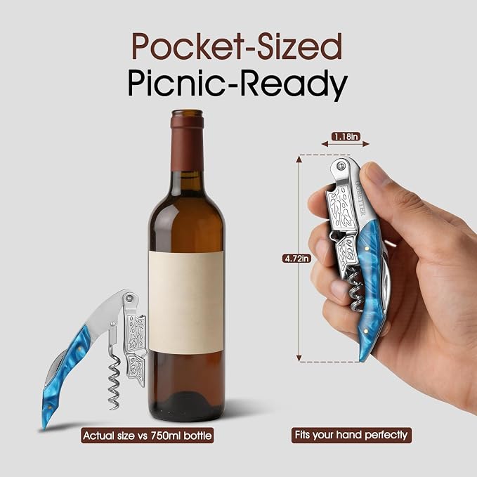 GOBETTER Wine Opener, Professional Corkscrews for Wine Bottles Cap Remover, Manual Wine Key for Home Use, Servers, Waiters Bartenders and Wine Lovers, Blue Resin