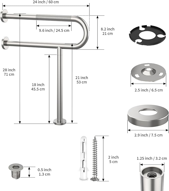 Toilet Support Rail 24 Inch, Munzong Anti-Slip Satin Brushed Nickel Handicap Grab Bar for Bathroom, Stainless Steel Knurled Safety handrails with Leg for Elderly Disabled Pregnant-1.25’Tube