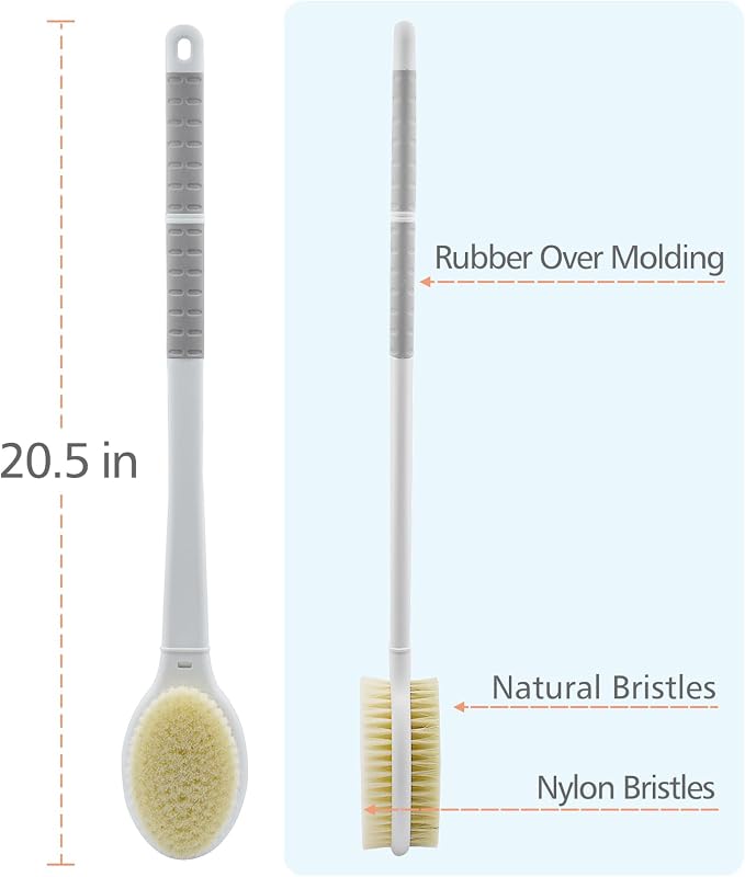 Shower Brush with Soft and Stiff Bristles,20.5" Extra Long Handle Dual-Sided Back Scrubber Bath Brush Body Exfoliator for Wet or Dry Brushing (Grey)(Super Long Handle)