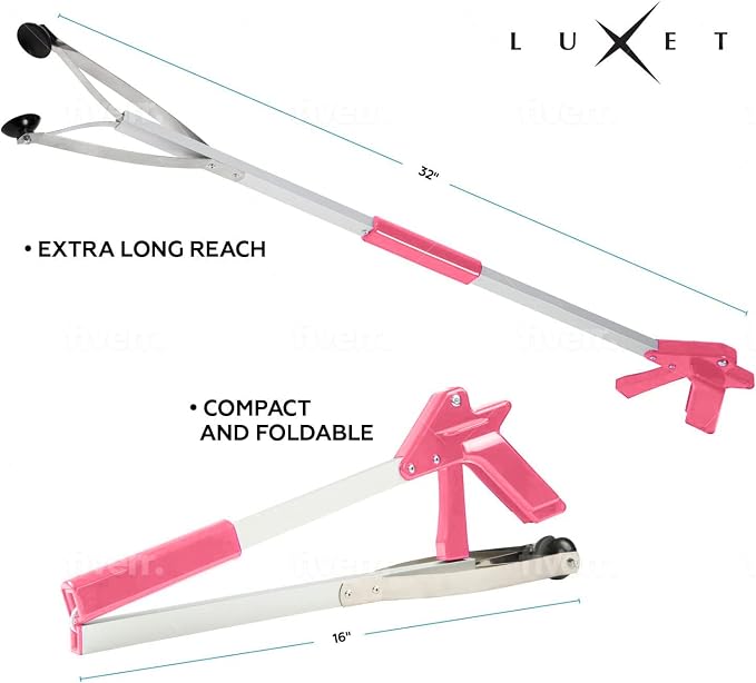 Grabber Tool 32" Suction Cup Grip Heavy Duty Aluminum -2 Pack- Lightweight Foldable Reacher Grabber Pickup Tool, Gripper Grabbers for Elderly Grab it Reaching Tool Trash Picker Grabber Pink, By Luxet