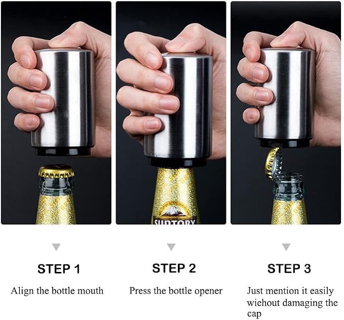 AKOAK 1 Pack Creative Stainless Steel Push-type Beer/Wine Bottle Opener Bar Household Automatic Convenient Cap Opener - Easy to Open a Variety of Bottles,Silver