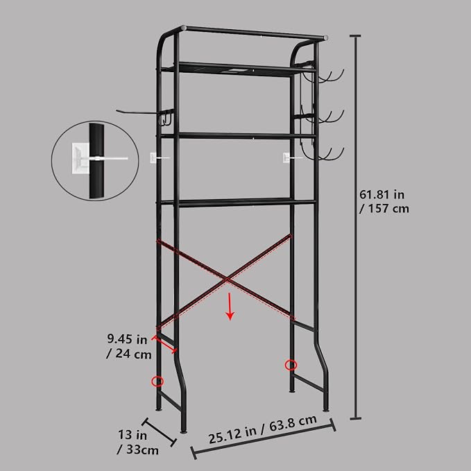 Over The Toilet Storage Metal 3 Tier Bathroom Organizer Shelf with Paper Holder Easy to Assemble & Space Saving (Black)
