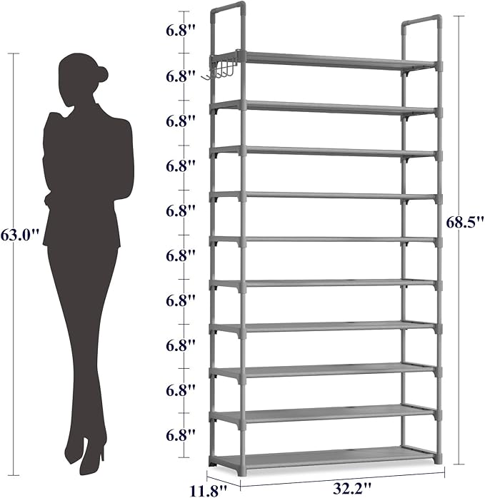 Kitsure Shoe Rack for Closet - 10-Tier Shoe Organizer with Hook Rack, Large-Capacity & Space-Saving Shoe Shelf for Entryway, Bedroom, Living Room,32.2" x 11.8" x 68.5", Gray