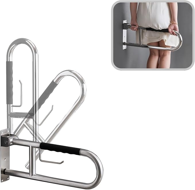 Toilet Grab Bar 23.6 Inch, BVTOURA Flip-Up Safety Rail with Soft Silicone Anti-Slip Finger-Grip Handle and Paper Holder, Stainless Steel U-Shaped Support Bar for Elderly Disabled, Brushed Nickel