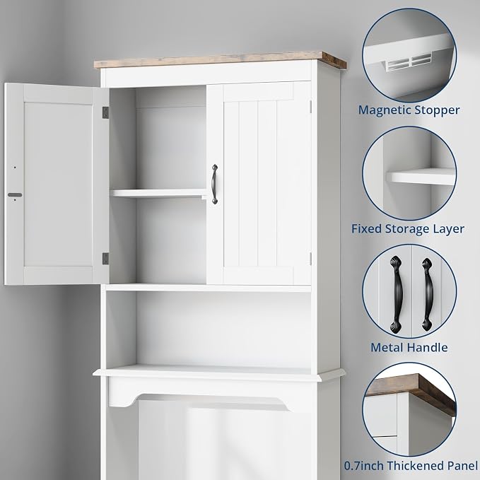 GarveeHome Over The Toilet Storage Cabinet, 66 in H Bathroom Space Saver Organizer with Double Doors & Adjustable Shelves Free Standing Toilet Shelf for Small Bathrooms, Easy Assembly, White