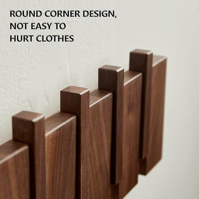 QUELLANCE Wooden Coat Hooks Wall Mounted, Coat Rack Hanger Wall Mount with 4 Hooks, Heavy Duty Coat Hooks for Hanging Coats/Keys/Hats/Robe&Towels/Plants/Bags, Home Decor Gift, Walnut